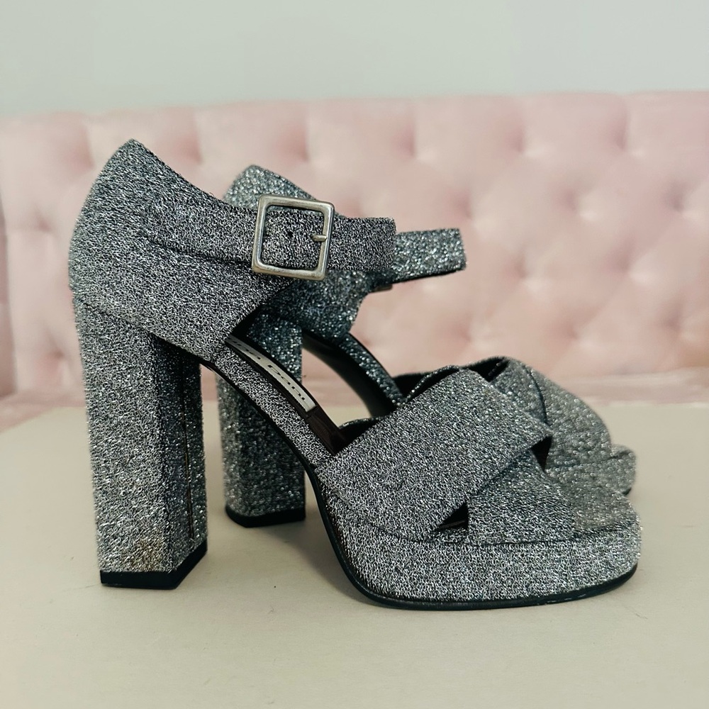 Vintage Retro Glam Rock Silver Sparkle Platform Shoes Sandals 7.5